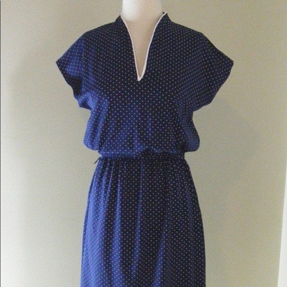 Vintage 70s Navy and White Polka Dot Day Dress
